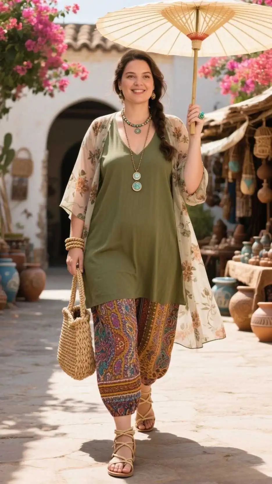 V-Neck Tunic + Sheer Kimono Duster + Paisley Palazzo Pants + Rope-Wrapped Flat Sandals