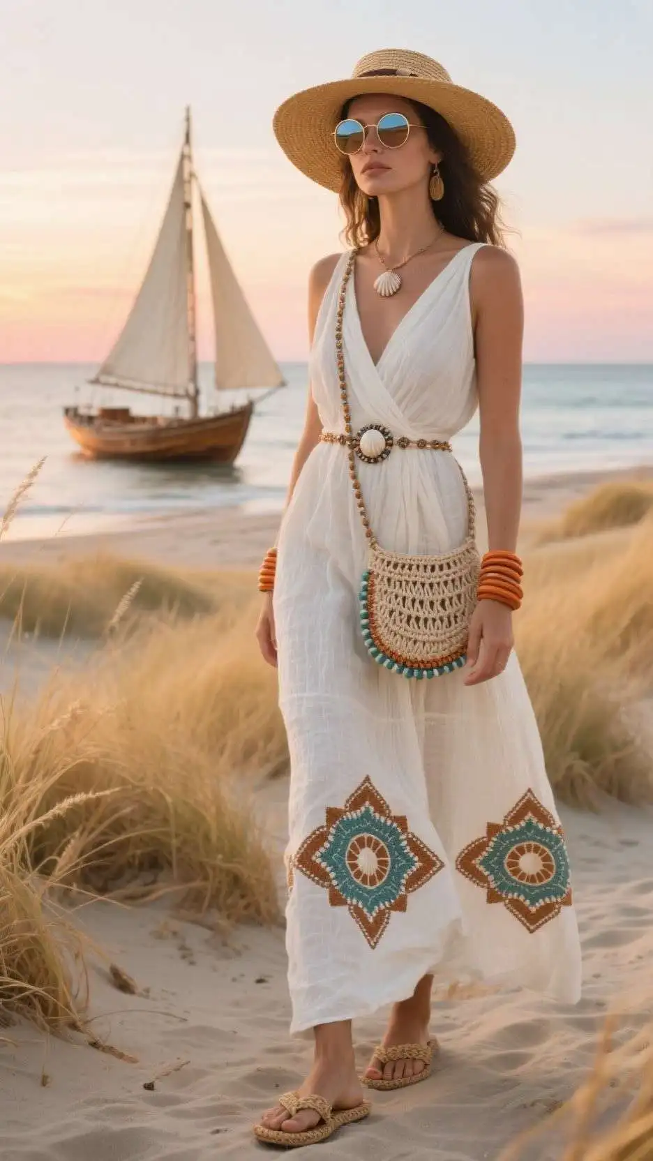 Crinkle Cotton Wrap Maxi Dress + Shell Waist Chain + Raffia Slide Sandals