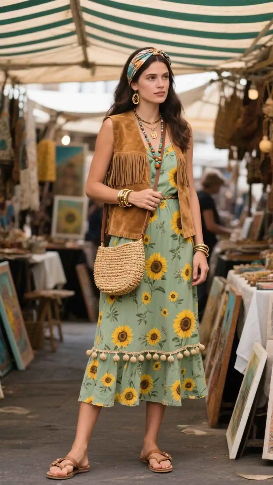 Fringed Suede Vest + Printed Sundress + Woven Mule Slides