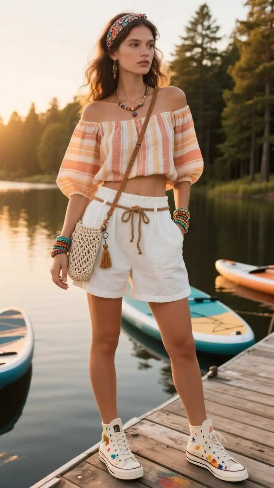 Handloom Stripe Crop Blouse + Paperbag Linen Shorts + Canvas High-Top Sneakers