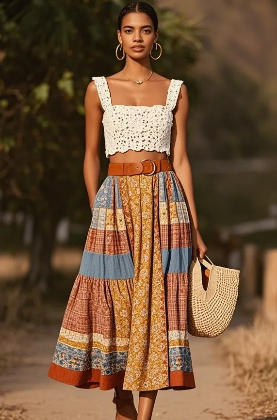 1. Eyelet Crop Top + Patchwork Midi Skirt + Leather Slide Sandals