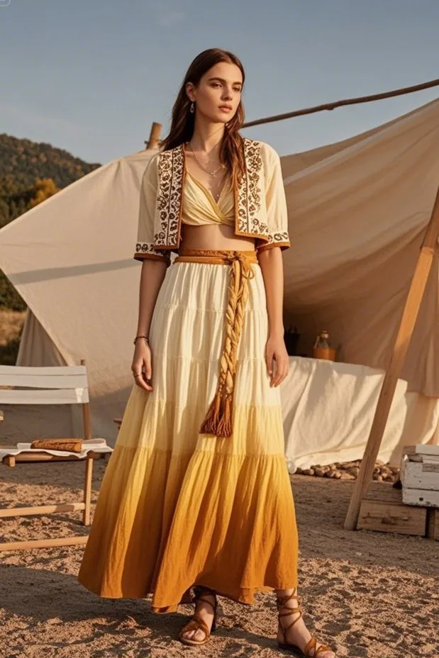 2. Cotton Tank Maxi Dress + Cropped Embroidered Jacket + Tassel Sandals