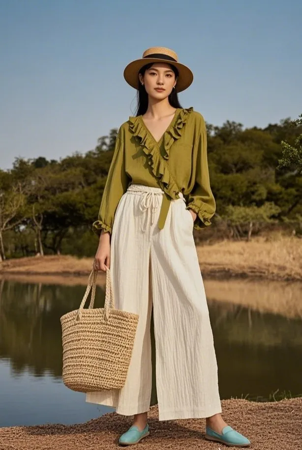 3. Frill-Sleeve Wrap Blouse + Crinkled Cotton Wide-Leg Pants + Espadrille Flats