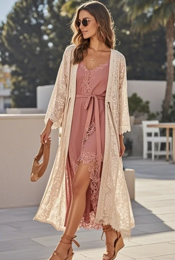 4. Lace-Trimmed Slip Dress + Woven Kimono Coat + Cork-Wedge Sandals