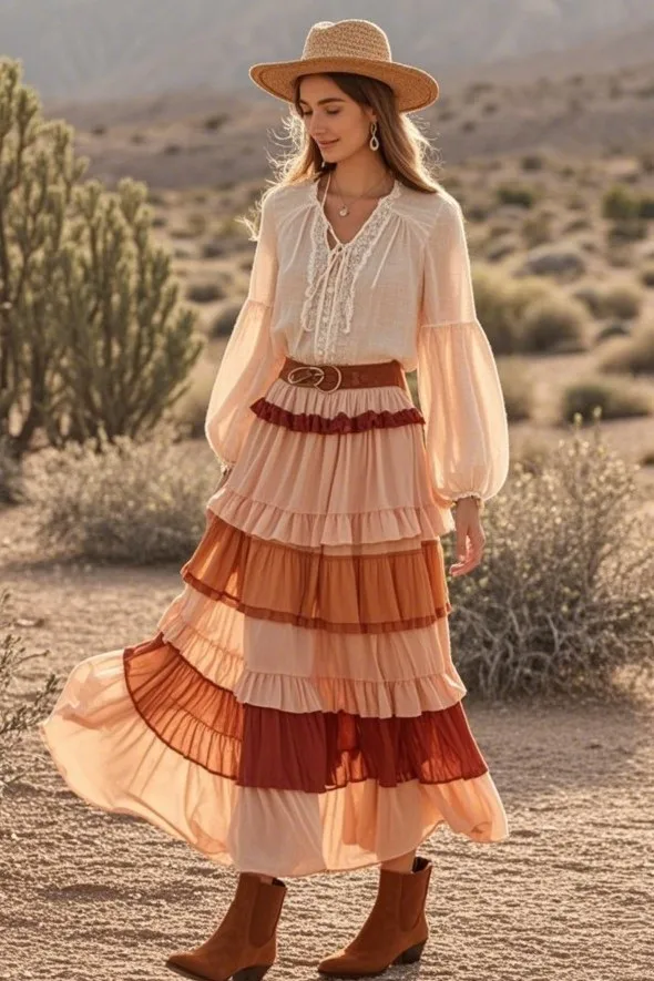 5. Peasant Top + Ruffled Tier Maxi Skirt + Suede Ankle Booties