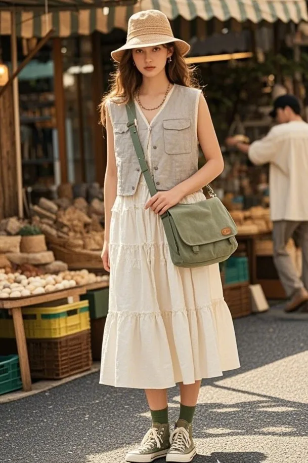 7. Smocked Bodice Sundress + Linen Utility Vest + Canvas Crossbody