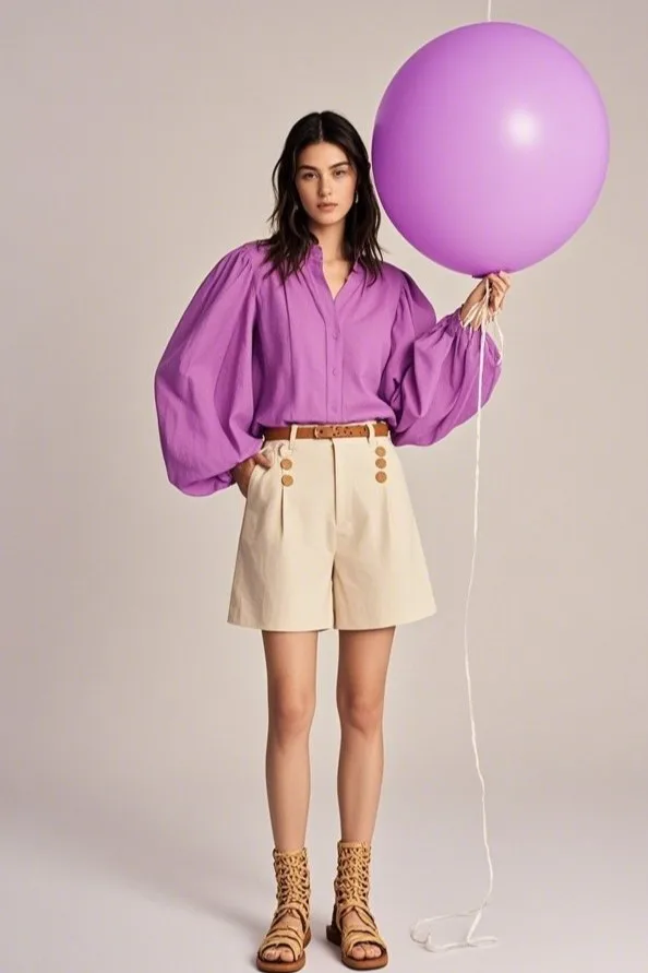8. Balloon Sleeve Blouse + High-Waisted Shorts + Macramé Sandals