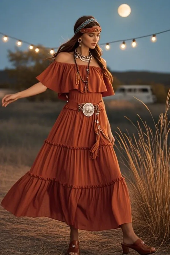 10. Tiered Off-Shoulder Dress + Concho Belt + Beaded Clogs