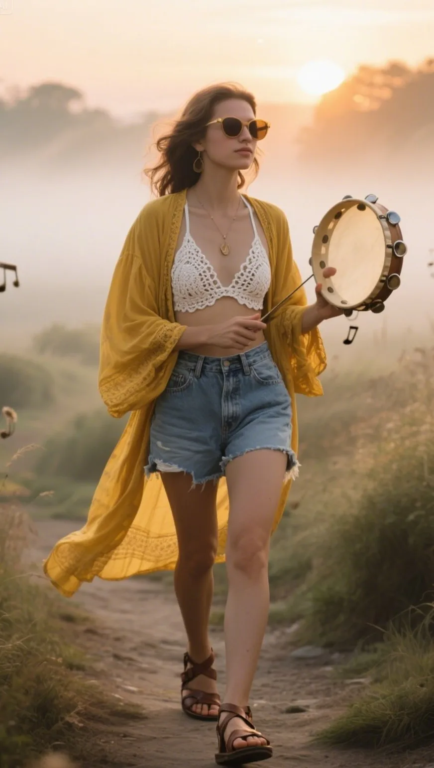 Goldenrod Kimono + White Crochet Bralette + Denim Cutoffs