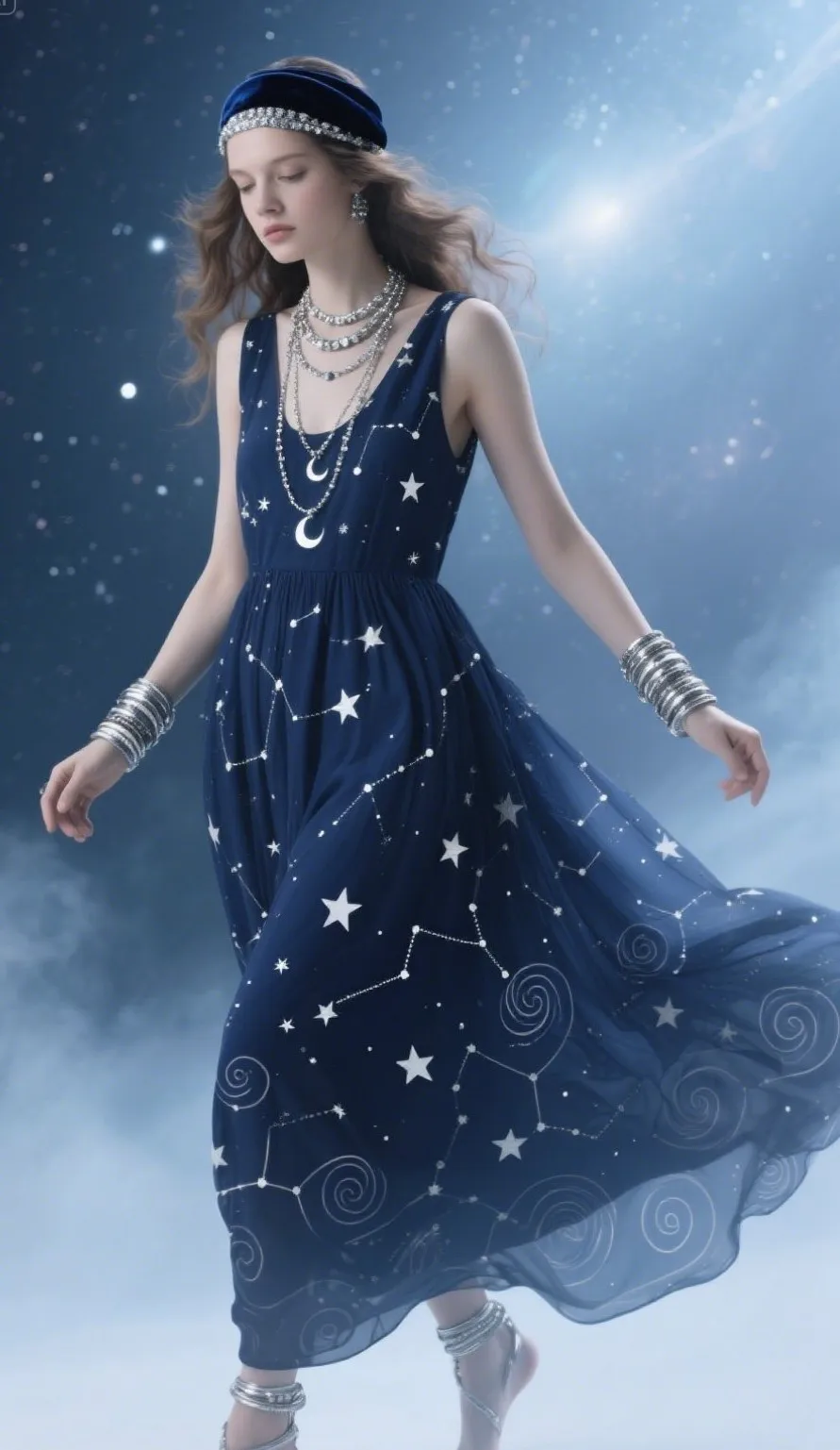Navy Star-Print Maxi Dress + Silver Layered Jewelry + Velvet Headband