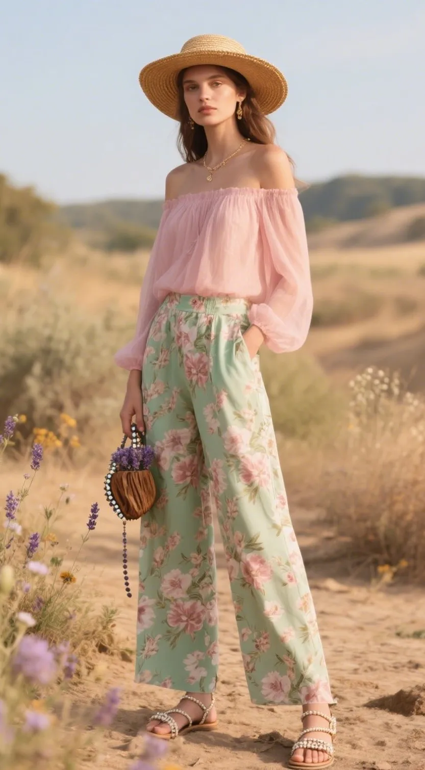 Floral Palazzo Pants + Off-Shoulder Gauze Blouse + Straw Hat
