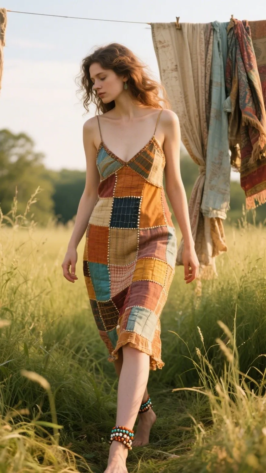 Patchwork Slip Dress + Beaded Anklets + Bare Shoulders