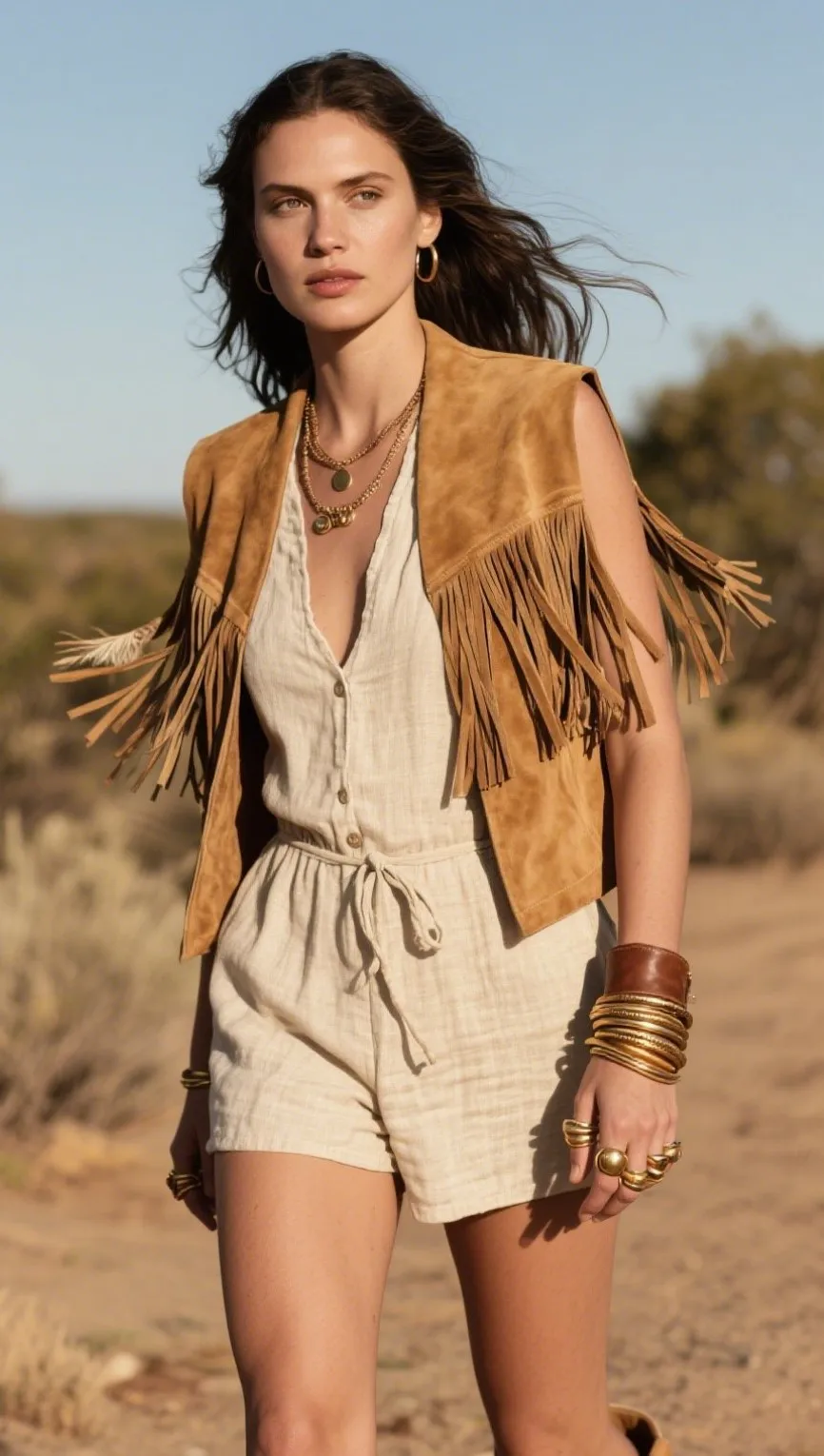 Suede Fringe Vest + Linen Romper + Stacked Rings