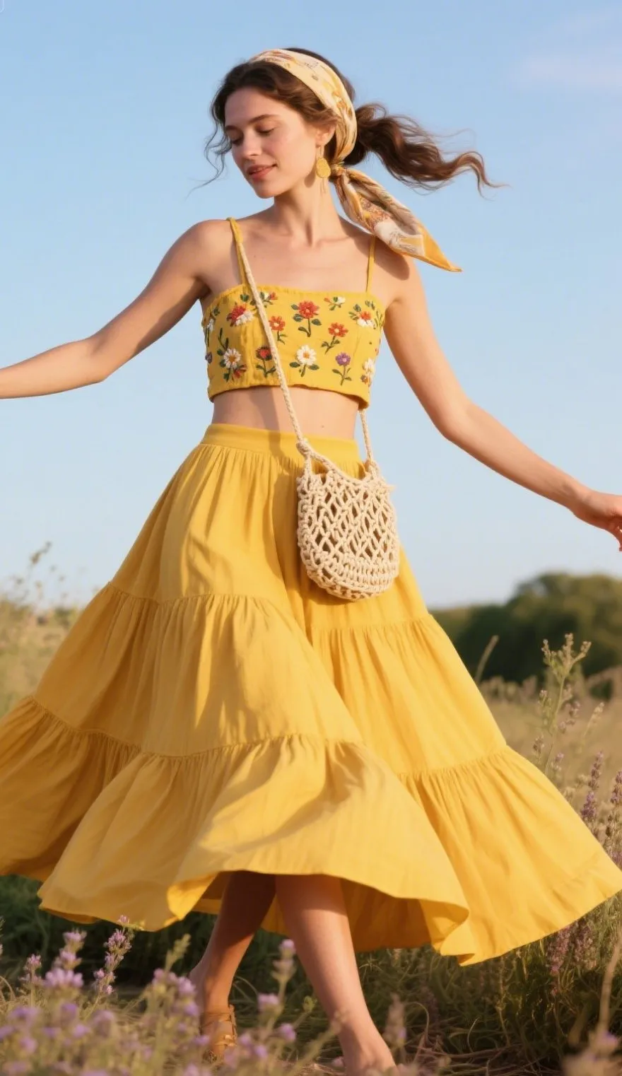 Tiered Midi Skirt + Embroidered Crop Top + Macramé Bag