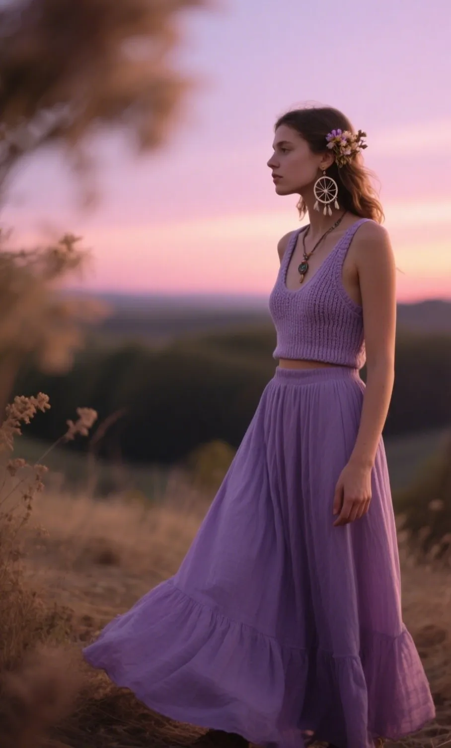 Boho Maxi Skirt + Knit Tank + Dreamcatcher Earrings