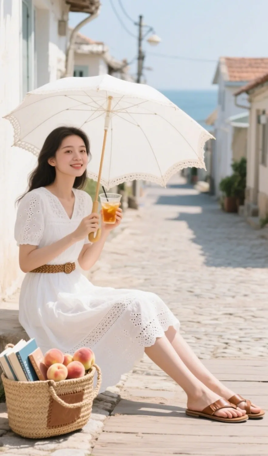 White Eyelet Dress + Woven Rattan Belt + Leather Slides