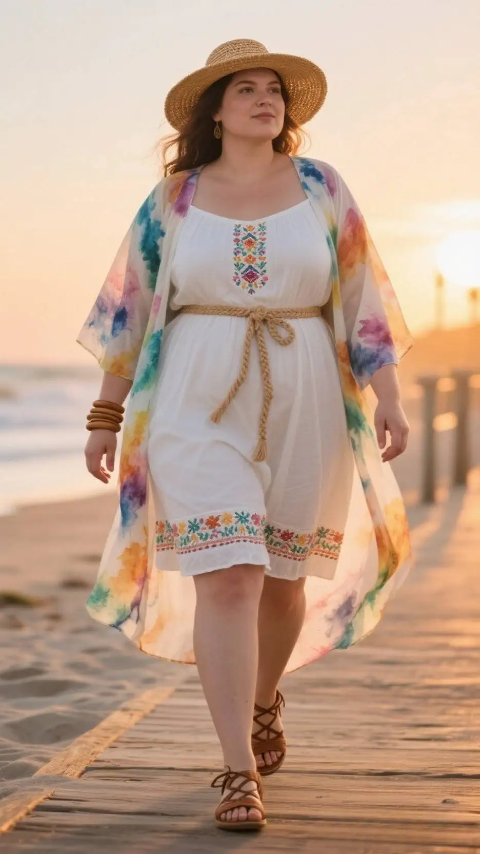 Sheer Kimono Duster + Embroidered Empire-Waist Sundress + Lace-Up Sandals