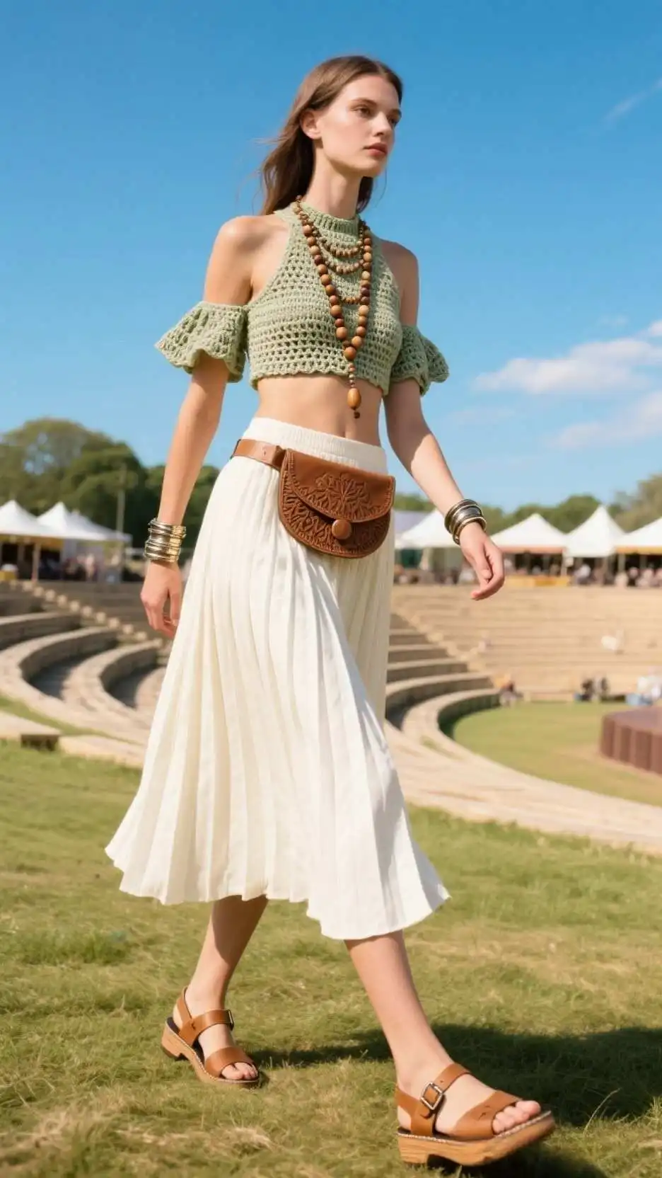 Crochet Mock-Neck Crop Top + Handkerchief-Hem Pleated Midi + Buckled Clog Sandals