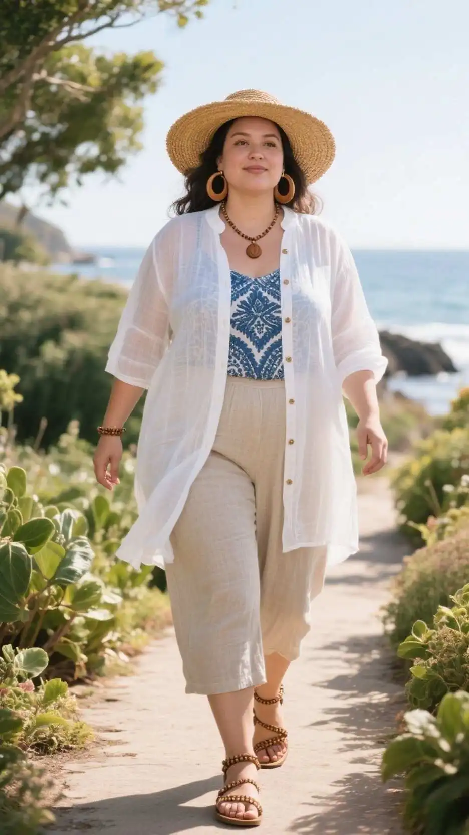Gauze Button-Down Tunic + Linen Palazzo Pants + Beaded Thong Sandals