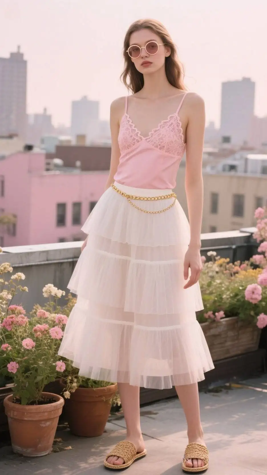 Lace Camisole + Tulle Tiered Skirt + Woven Slides