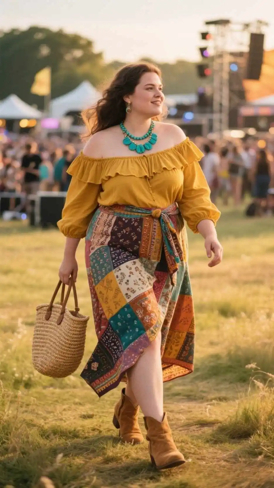 Off-Shoulder Ruffle Blouse + Patchwork Wrap Skirt + Suede Ankle Boots
