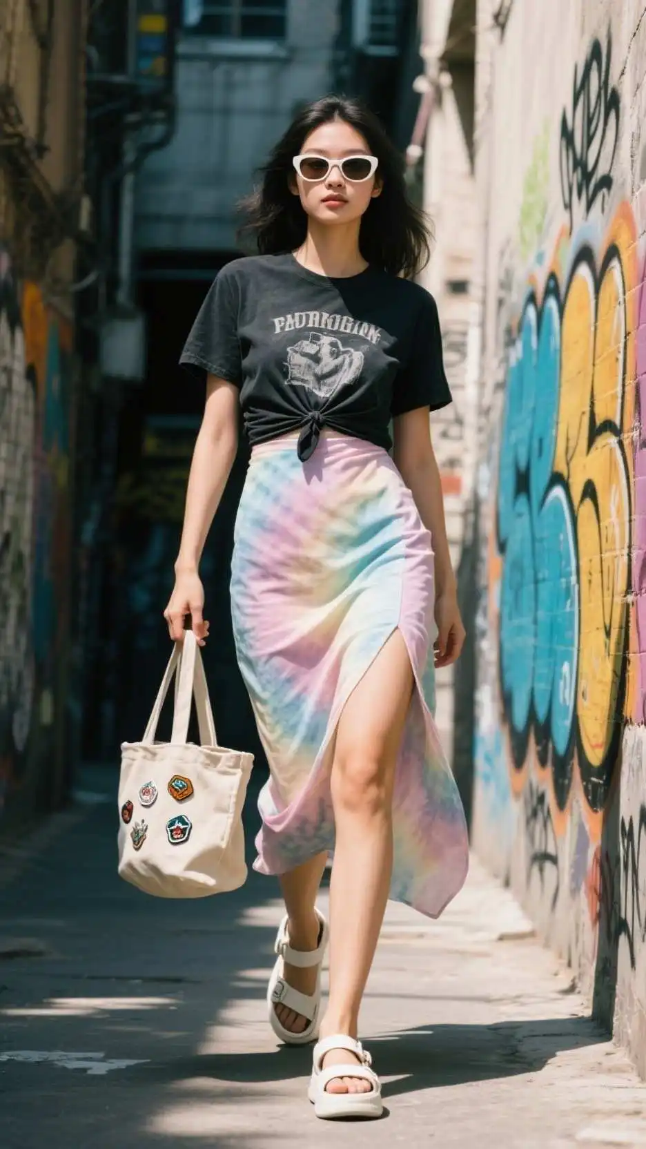 Knotted Graphic Tee + Asymmetric Chiffon Slip Dress + Chunky Dad Sandals