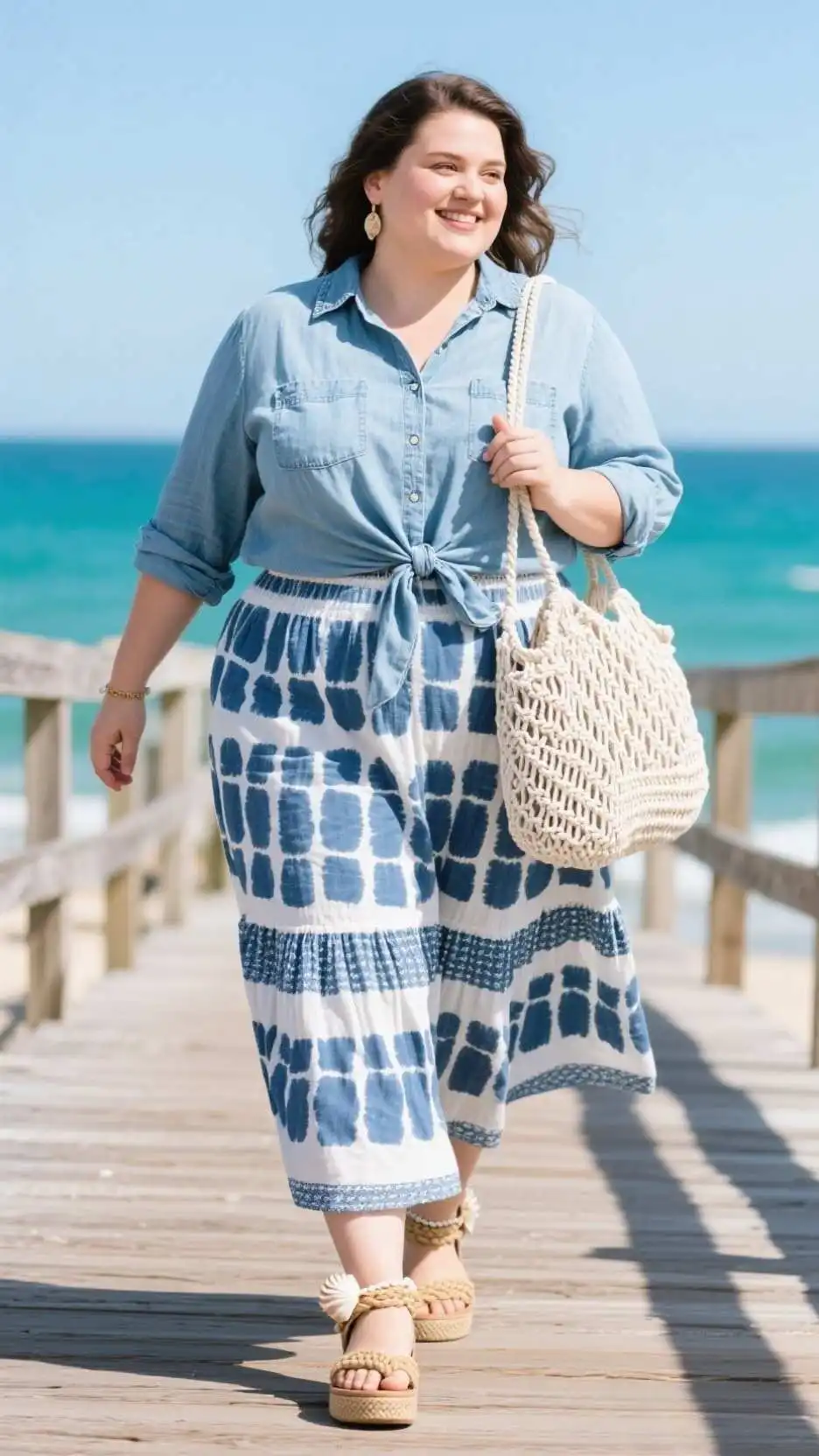 Lightweight Denim Shirt + Tiered Boho Maxi Skirt + Rope-Soled Flatforms