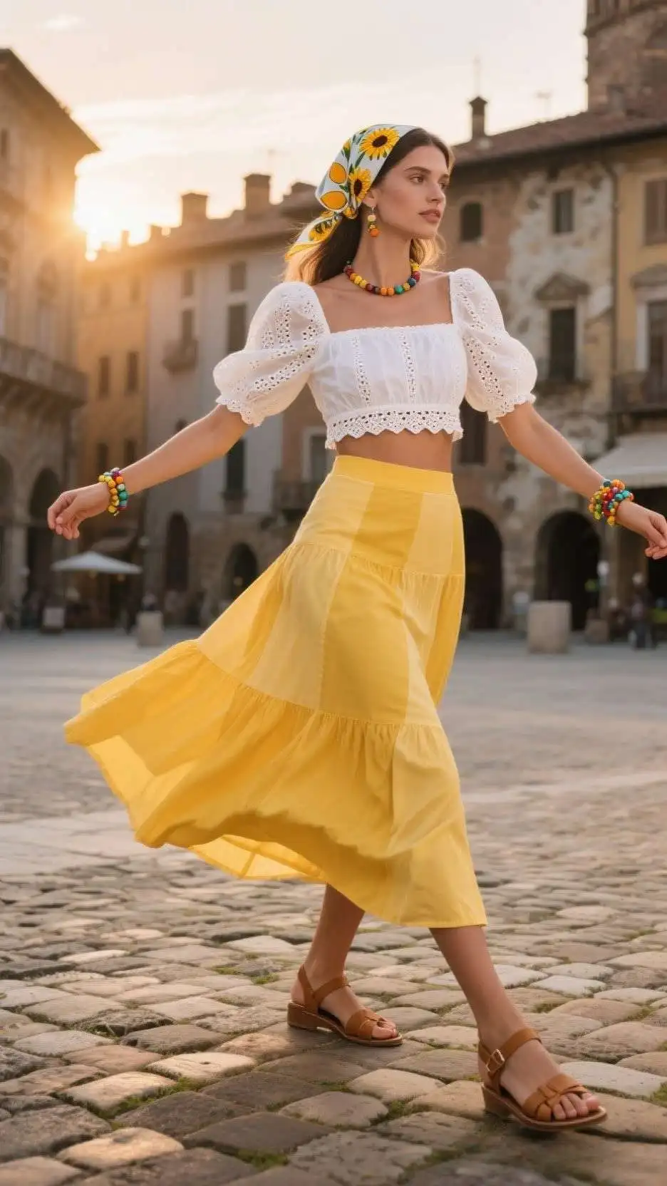 Eyelet Crop Top + High-Waist Paneled Maxi + Strappy Flat Sandals