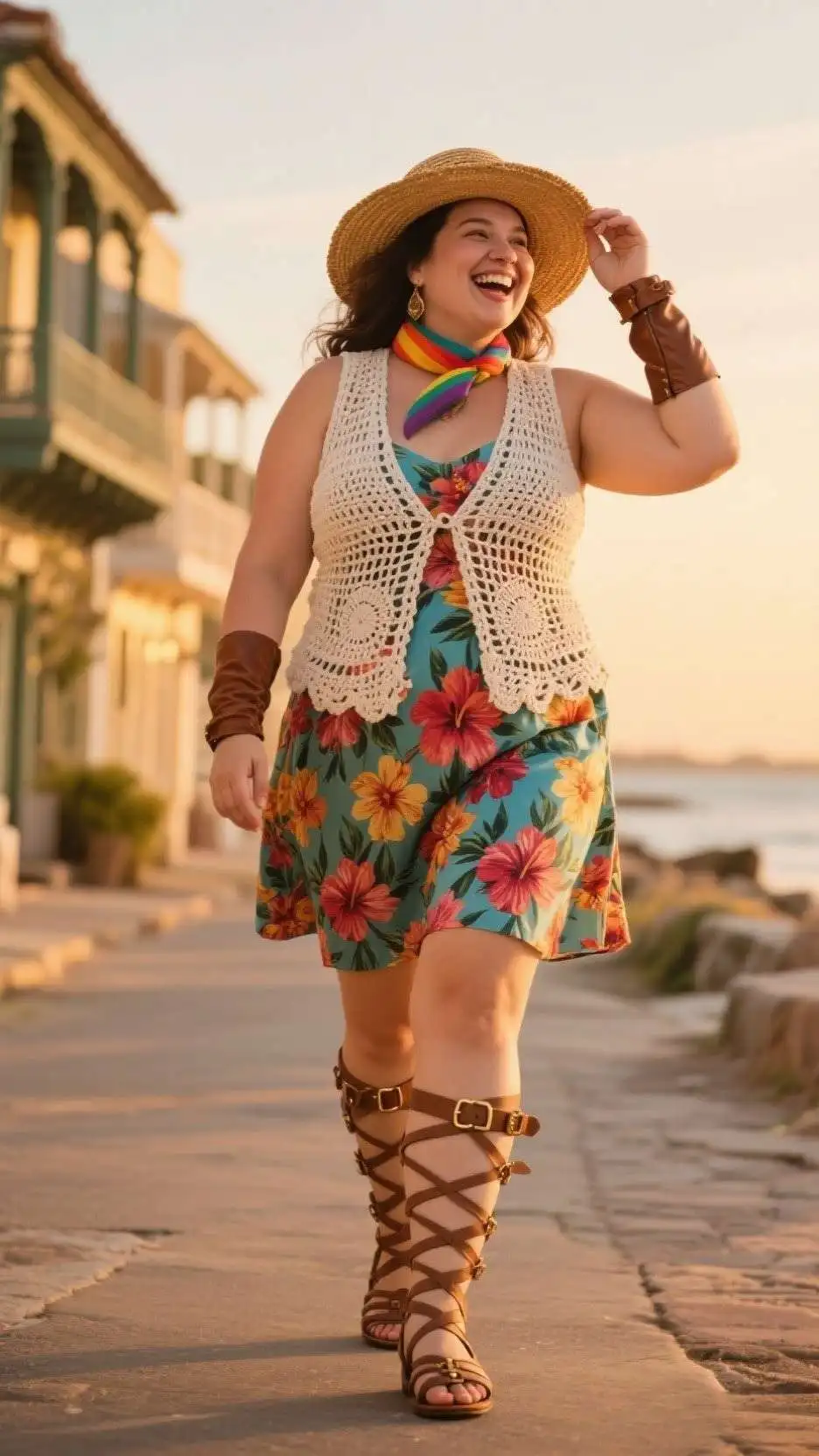 Flowy Crochet Vest + Floral Slip Dress + Leather Gladiator Sandals