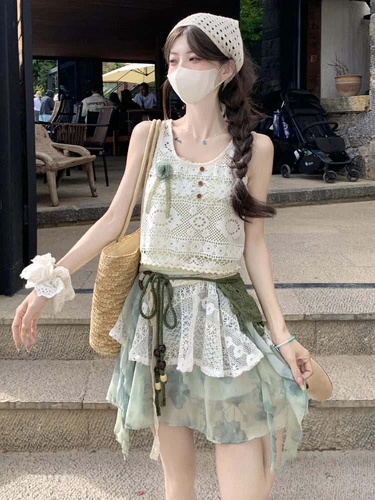 Crochet Headscarf + Eyelet Tank + Tiered Lace Peplum Wrap + Sheer Water-Color Skirt + Beaded Rope Belt + Straw Basket Tote + Scrunchie + Barely-There Sandals