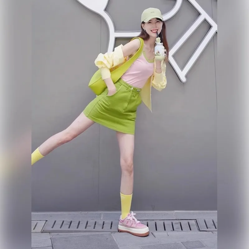 Pistachio Cap + Lemon-Chiffon Sheer Shirt + Ballet-Pink Tank + Lime Mini Skirt + Canary Crew Socks + Bubble-Gum Platform Sneakers + Chartreuse Tote