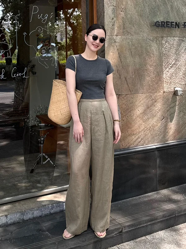 Charcoal Crewneck Tee + High-Waist Linen Wide-Leg Pants + Straw Shoulder Tote + Round Sunglasses + Nude Flip-Flops