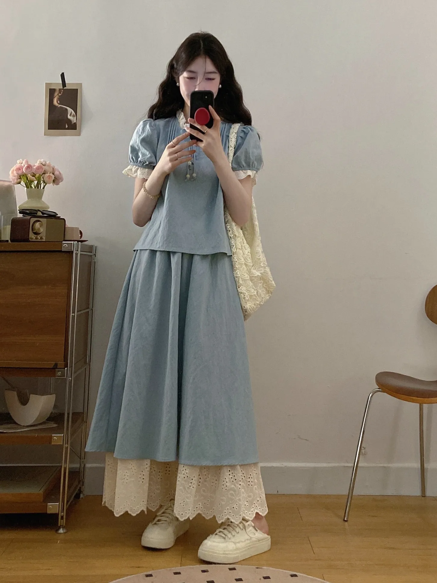 Puff-Sleeve Denim Top + Tiered Linen-Trim Midi Skirt + Broderie Anglaise Underskirt + Lace Shopper + Cream Platform Sneakers