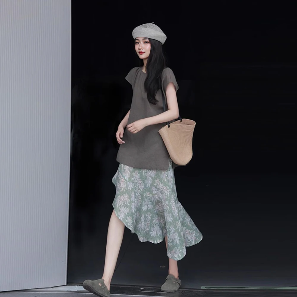 Boxy Knit Top + Asymmetric Floral Chiffon Skirt + Heather-Grey Beret + Straw Bucket Bag + Moss Suede Slip-Ons