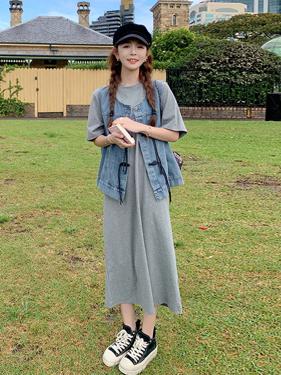 Grey Tee Midi Dress + Cropped Denim Utility Vest + Black Newsboy Cap + Chunky High-Top Canvas Sneakers
