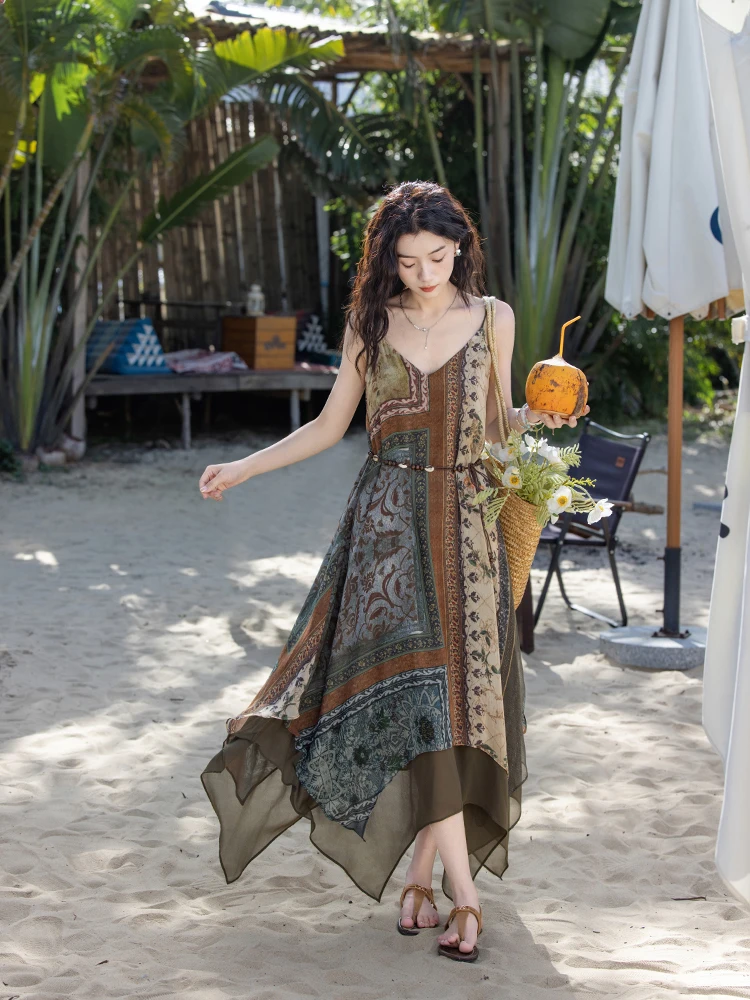 Patchwork Handkerchief-Hem Maxi Dress + Skinny Rope Belt + Straw Market Tote + Tan Thong Sandals
