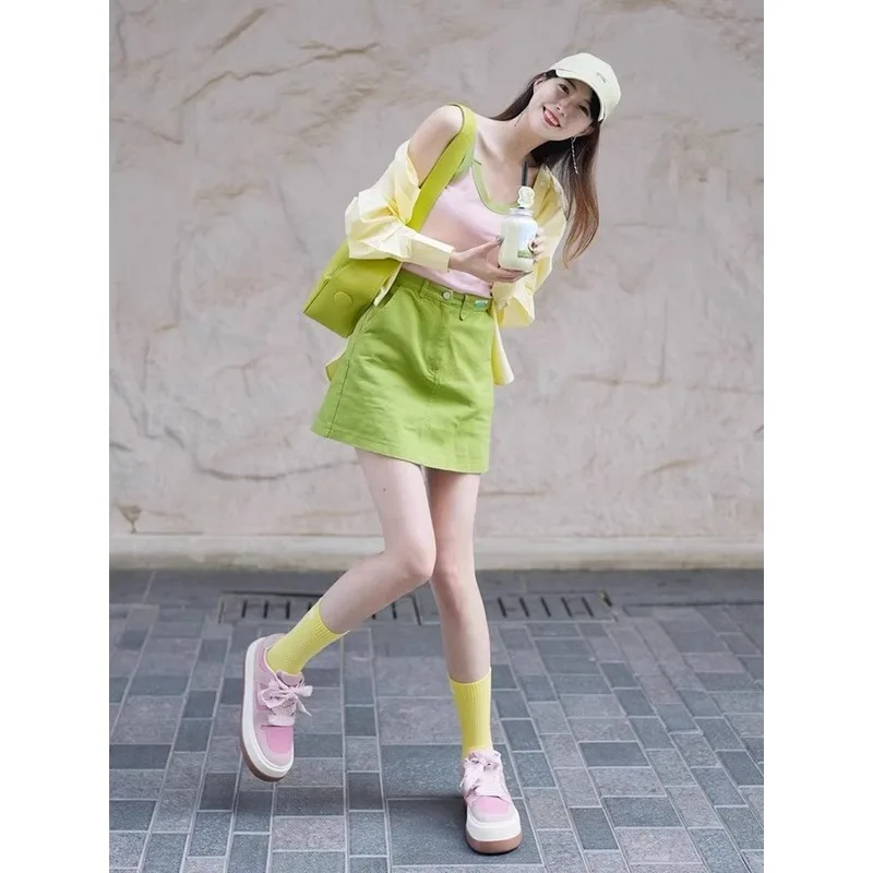 Pistachio Cap + Sunshine Sheer Overshirt + Blush Tank + Lime Mini Skirt + Canary Socks + Bubble-Pink Platform Sneakers + Chartreuse Backpack
