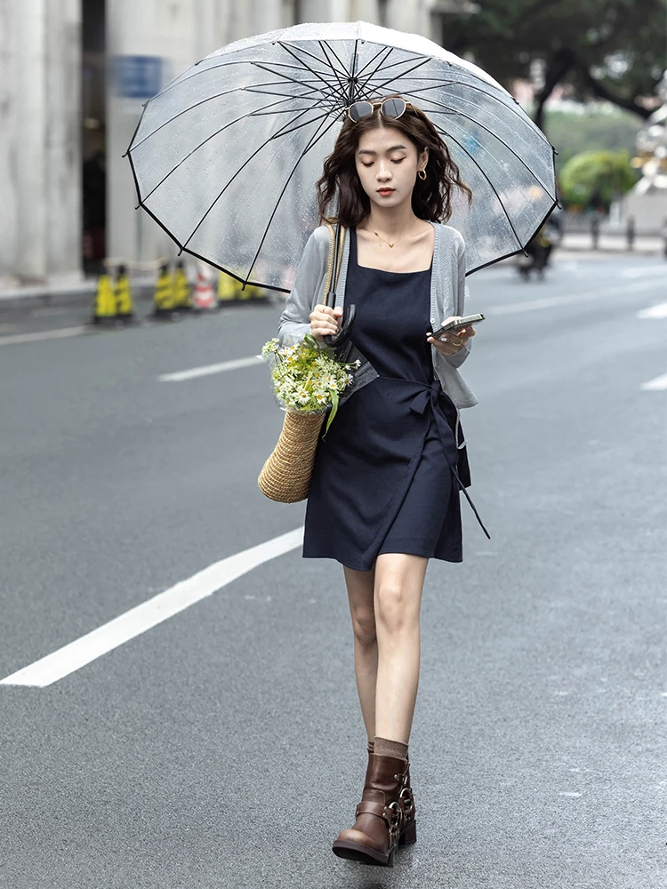 Metallic-Grey Cardigan + Navy Wrap Mini Dress + Straw Bucket Tote + Chocolate Biker Boots