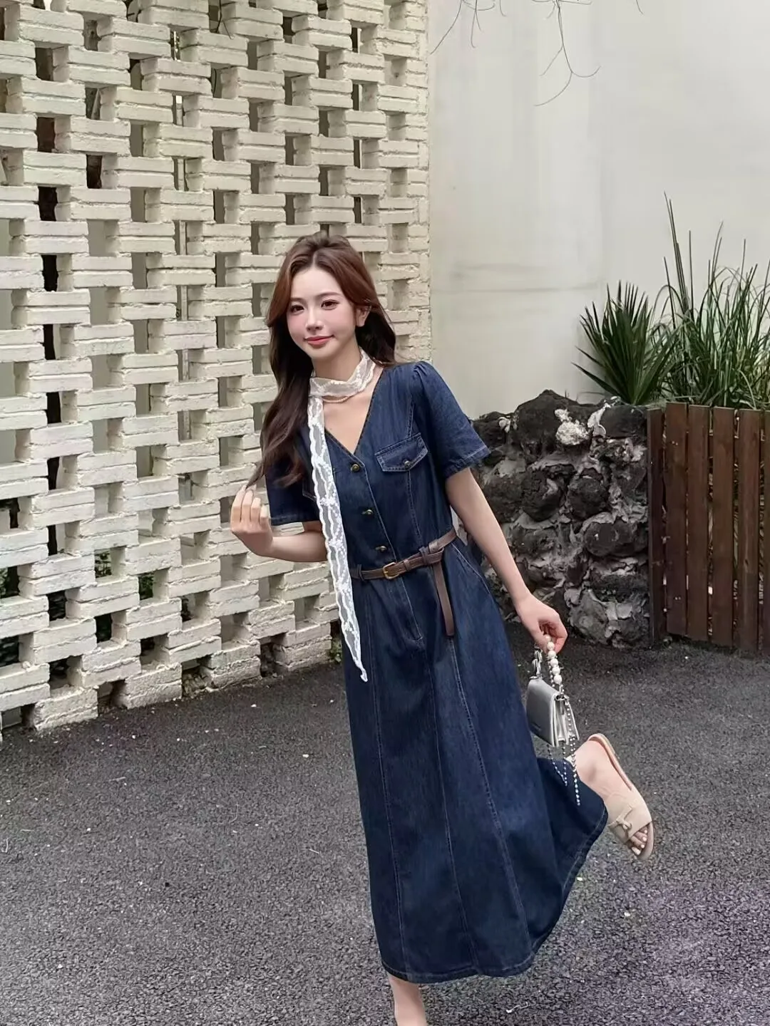 White Lace Skinny Scarf + Indigo Denim Shirt-Dress + Brown Leather Belt + Pearl-Handle Mini Bag + Beige Slide Mules
