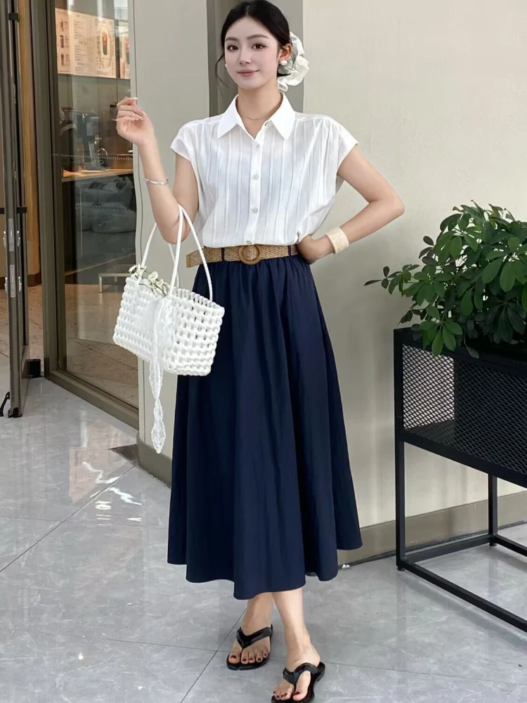 White Pin-Stripe Cap-Sleeve Blouse + Navy Gathered Midi Skirt + Woven Circle Belt + Crochet Cube Tote + Black Flip-Flops