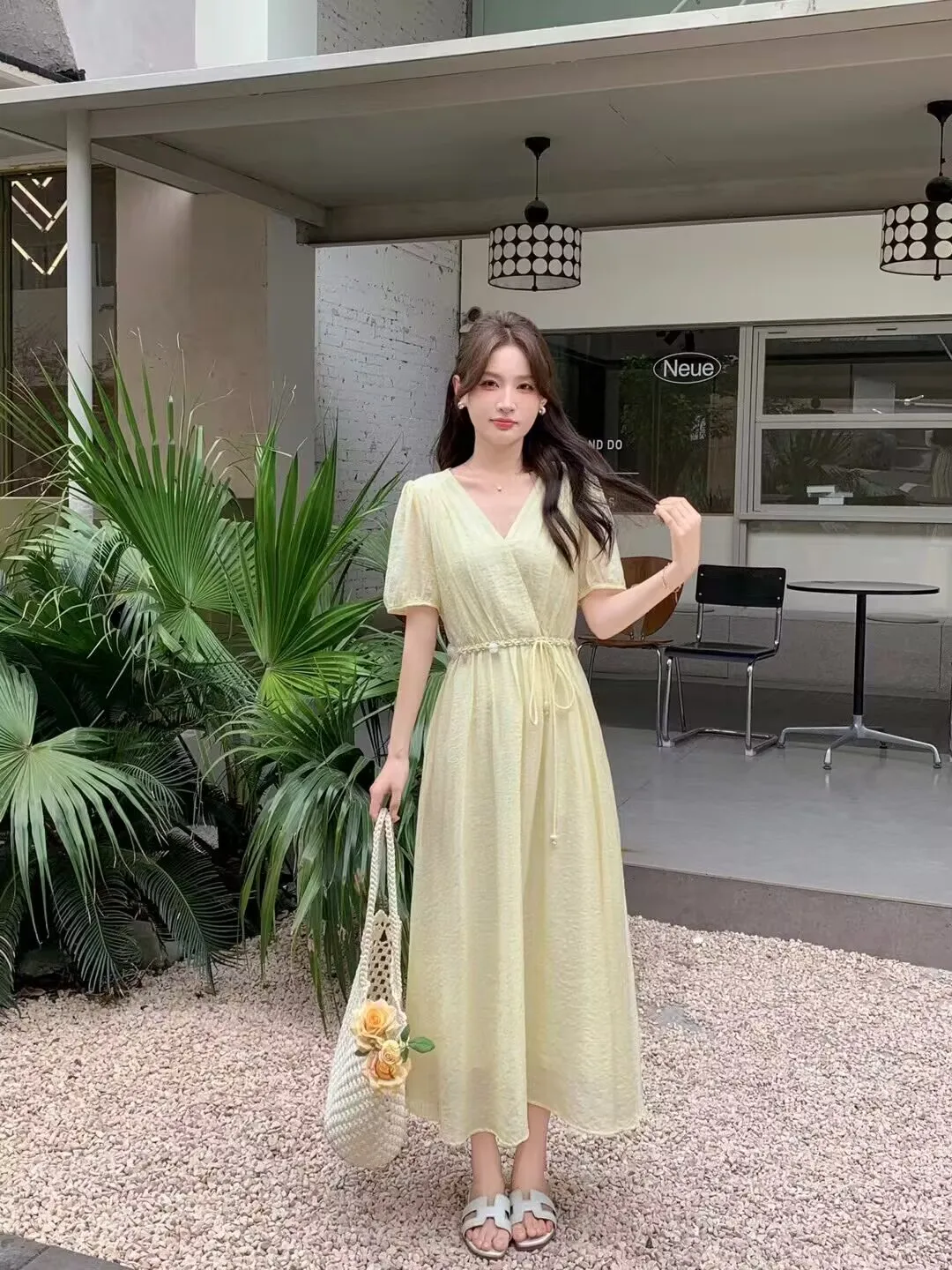 Lemon Chiffon Wrap Dress + Rope-Drawstring Waist + Mesh Shoulder Bag + Rose Hair Clip + White H-Slide Sandals