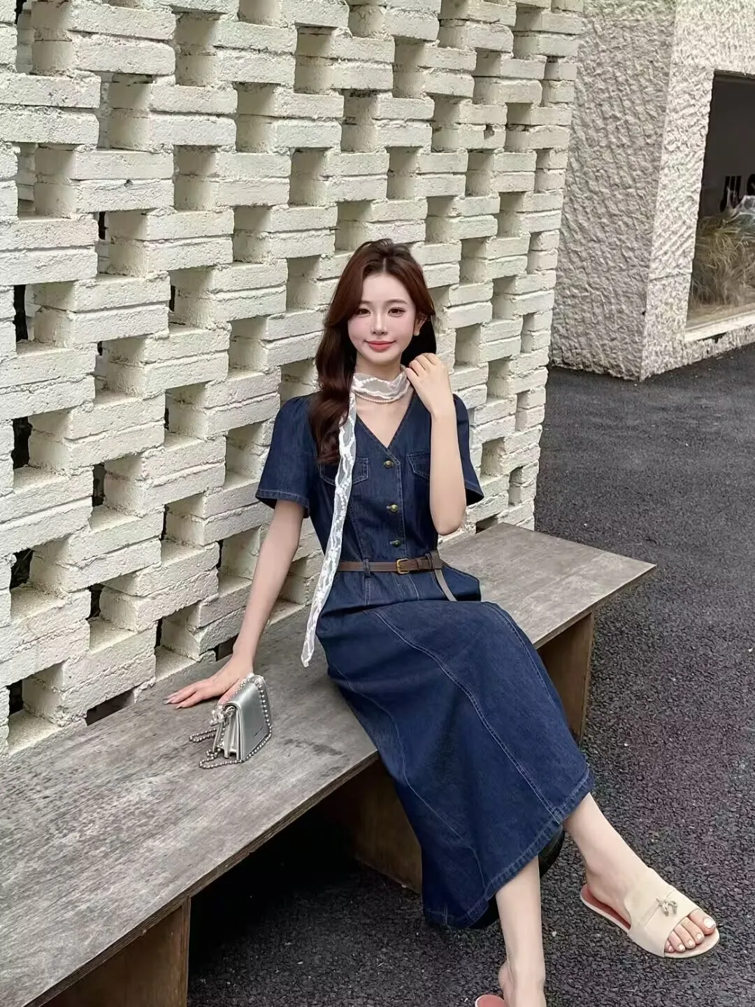 Ivory Lace Skinny Scarf + Indigo Denim Shirt-Dress + Brown Leather Belt + Pearl-Studded Mini Bag + Beige Slide Mules