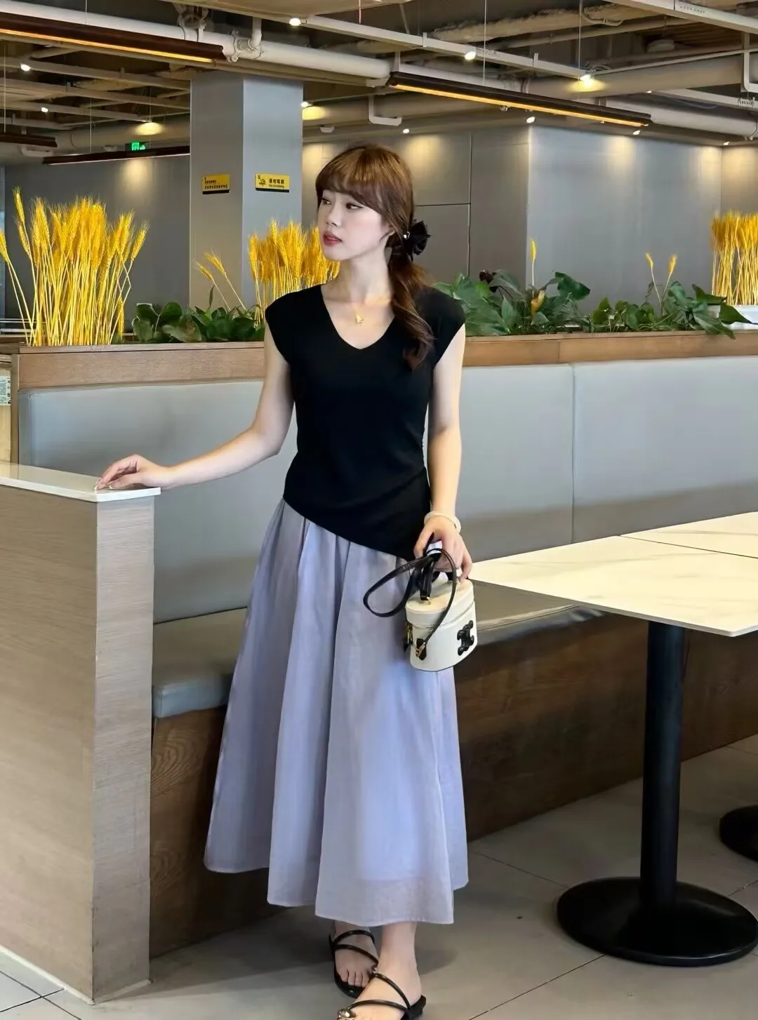 V-Neck Black Tee + Lavender Voile Circle Skirt + Ribbon-Handle Bucket Bag + Velvet Hair Bow + Black Crisscross Flats