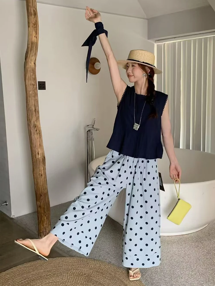 Navy Crochet-Trim Tank + Sky-Polka Wide-Leg Pants + Straw Panama Hat + Yellow Wristlet + Ivory Thong Slides