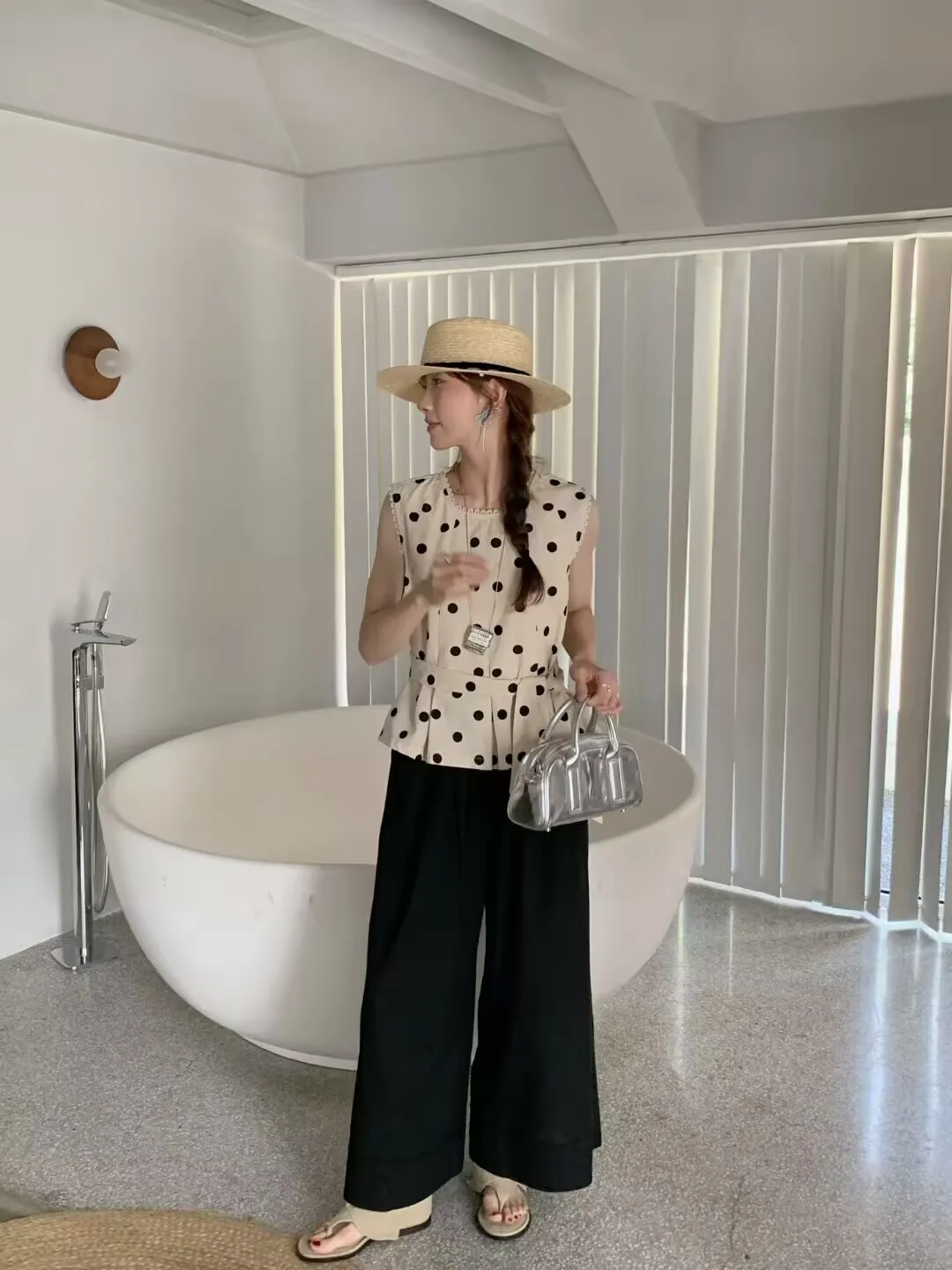 Ivory Polka Peplum Shell + Black Linen Culottes + Clear Box Satchel + Straw Boater Hat + Champagne Slide Sandals