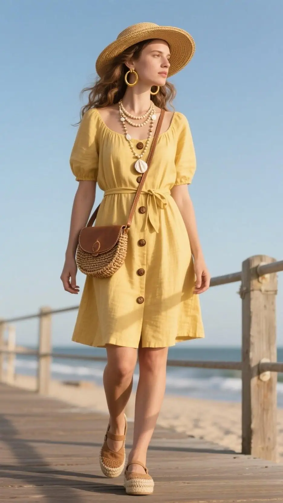 Straw Fedora + Linen Sundress + Platform Espadrilles