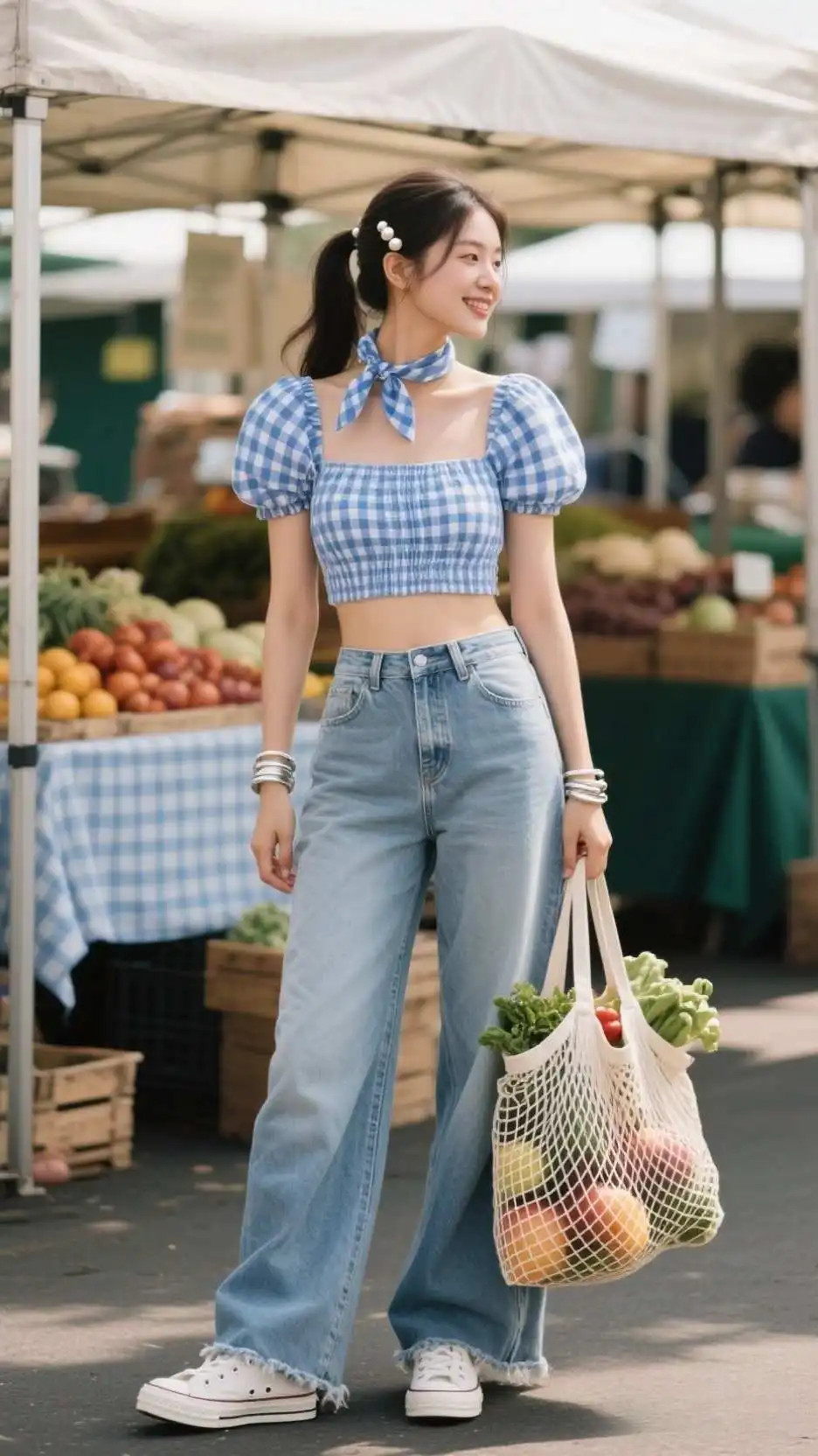 Silk Scarf Ponytail + Gingham Crop Top + Wide-Leg Jeans + White Canvas Sneakers