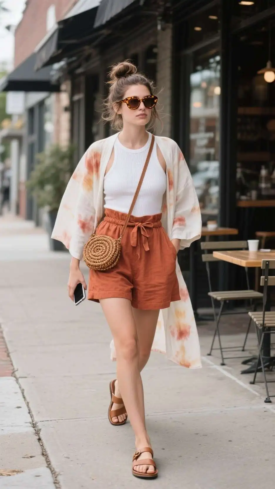 Oversized Sunglasses + Tie-Front Kimono + Ribbed Tank Bodysuit + Paper-Bag Shorts + Braided Slide Sandals