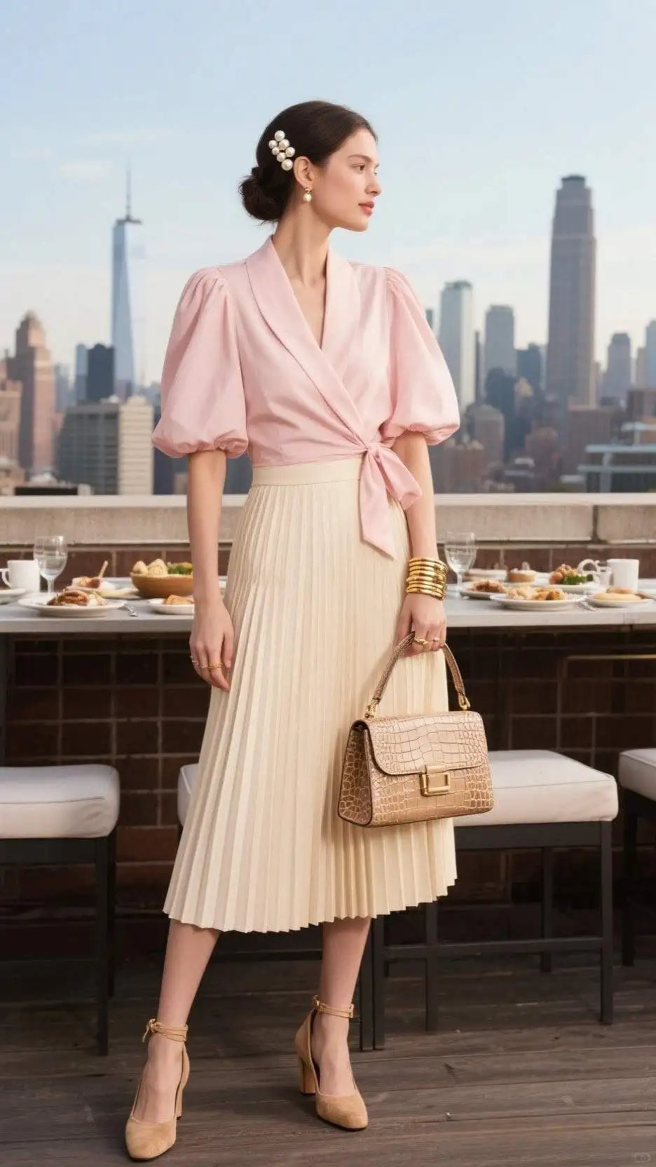 Pearl Hair Clips + Puff-Sleeve Wrap Blouse + Pleated Midi Skirt + Ankle-Strap Heels