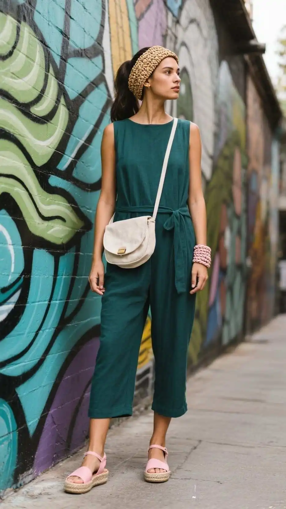 Woven Headband + Sleeveless Jumpsuit + Rope-Sole Espadrille Wedges